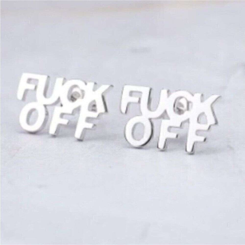 Silver Stainless Steel Letter Stud F*uck off Earrings